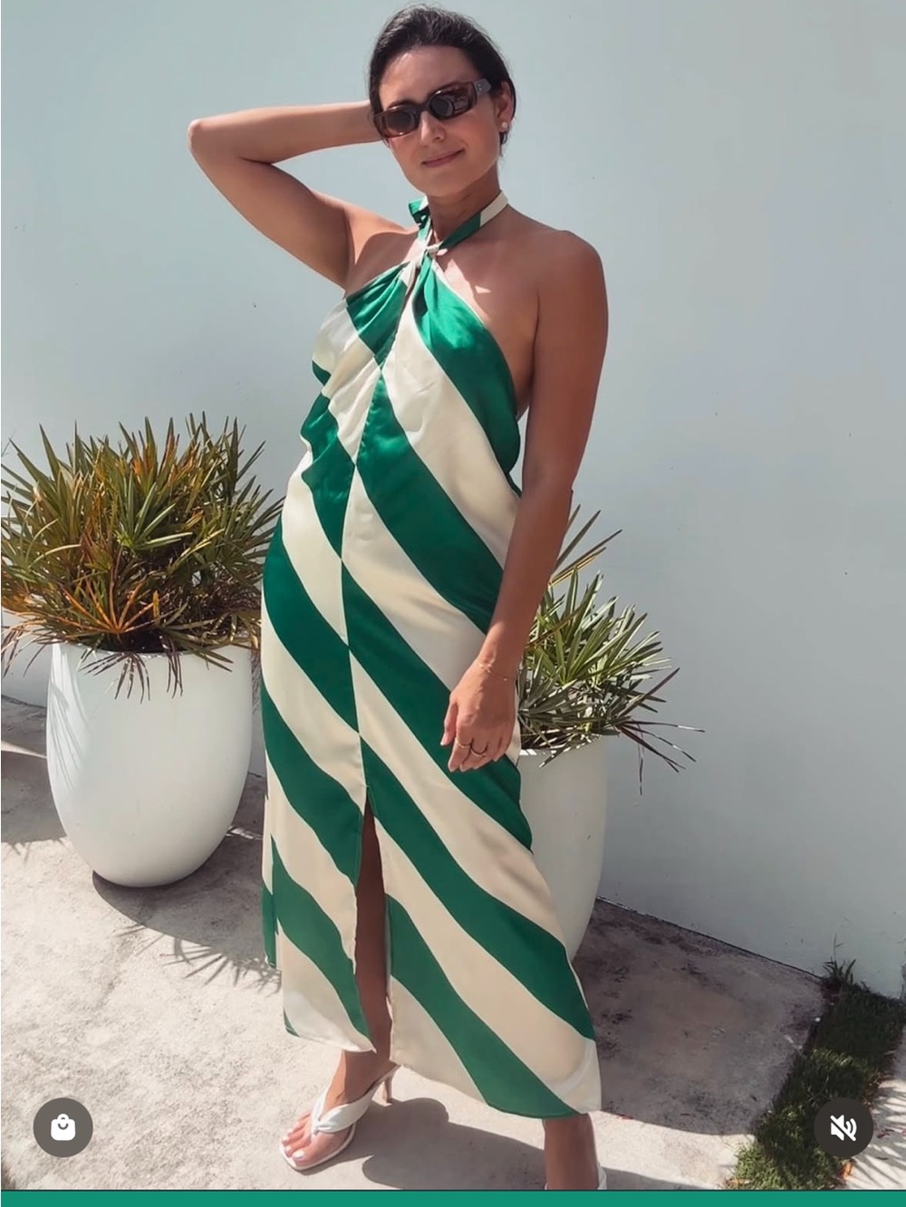 Green & Cream Diagonal Stripe Halter Midi Dress